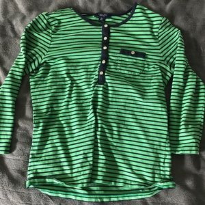 green and black striped long sleeve t-shirt